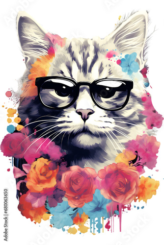 Watercolor illustration of a cat wearing glasses and flowers. T-Shirt design. Creative graphics design. 