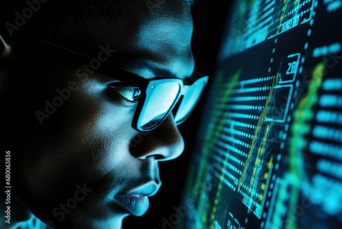 Man with glasses looking at the computer screen with stock market chart reflecting in eyeglasses