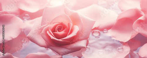 A soft pink rose and petals as a romantic floral background. For beauty product advertising  cosmetic  or romantic greeting card. Copy space. AI generated image. 