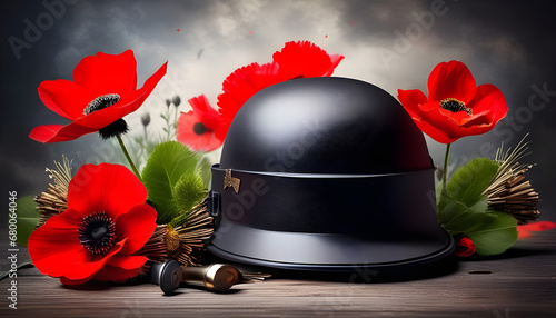 Background of Remembrance Day, Armistice Day, and Anzac Day including a soldier's helmet, ammo, and wild red poppies

