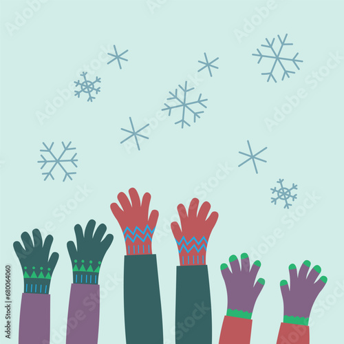 Hands in different knitted gloves catch snowflakes, hand drawn flat vector illustration. Concept for childhood, knitting, congratulations on winter holidays, New Year, Christmas. Design card 