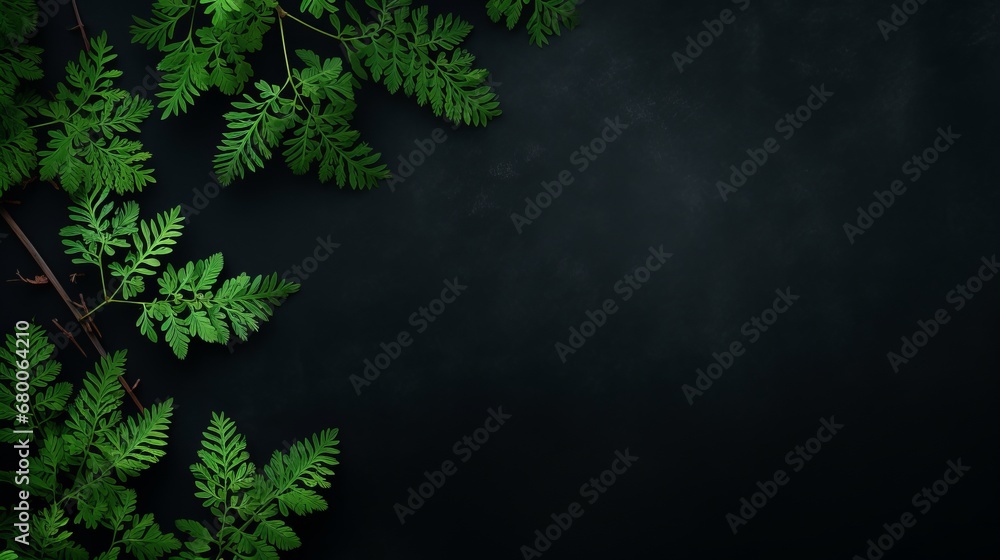 dark background with green branches and leaves with space for text. dark background with green branches and leaves with space for text.