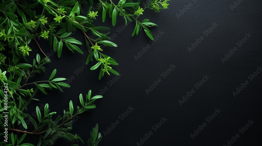 dark background with green branches and leaves with space for text. dark background with green branches and leaves with space for text.