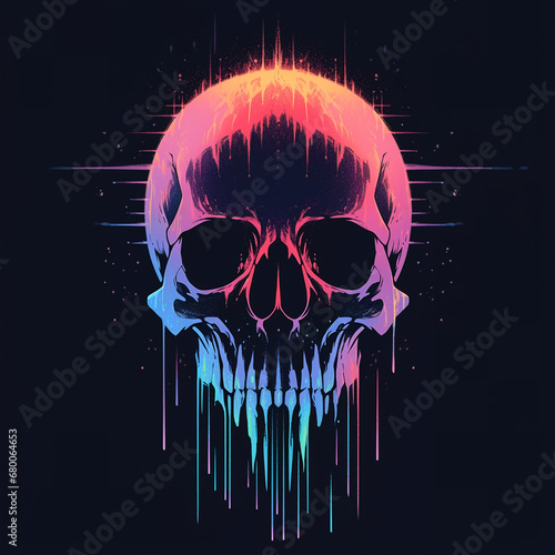 vibrant rainbow inspired glowing line work t-shirt design with skull in anime style isolated on black background photo