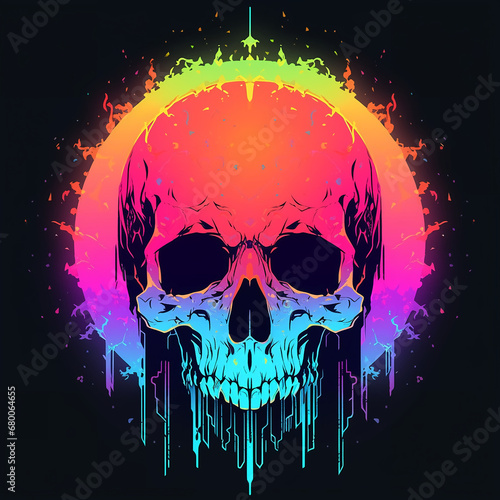 vibrant rainbow inspired glowing line work t-shirt design with skull in anime style isolated on black background