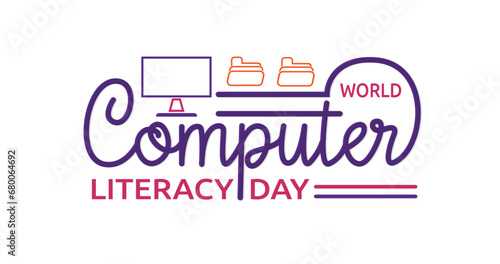 World Computer Literacy Day handwritten text calligraphy with computer and folder icon. Reminds us to contribute quota towards making computers accessible and easy to understand. Vector illustration  photo