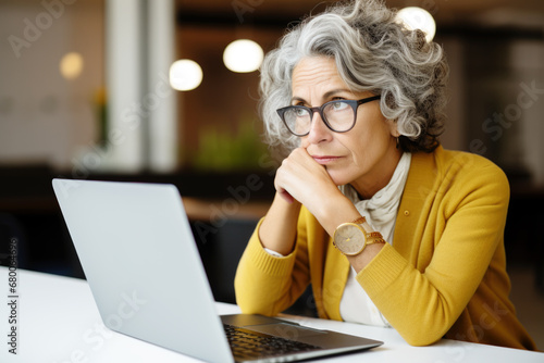 Mature business woman with laptop thinking, planning and reading online news report, project feedback or research ideas. Wonder, problem solving and professional female designer with doubt over design photo