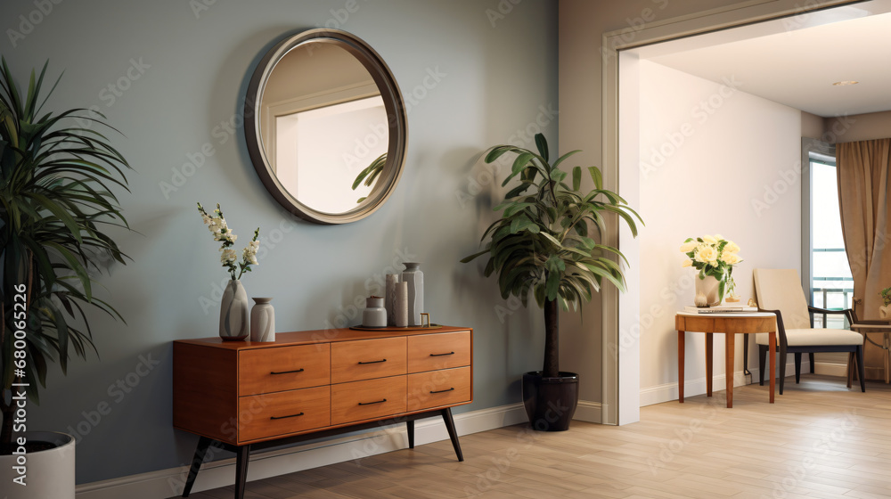 The hallway has chic furniture and a round mirror - obrazy, fototapety, plakaty 