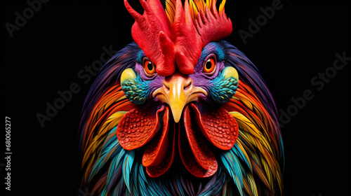 The head of a multi colored rooster on a black background