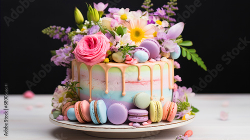 Colorful macaroon cake decorated with flowers and macaroons