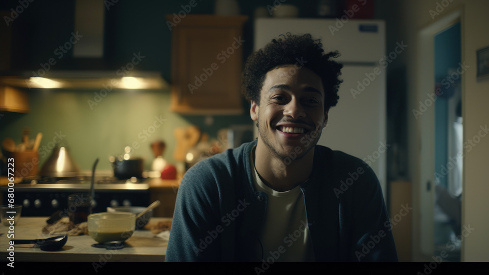 Fototapeta premium Young african american man smiling while having breakfast in the kitchen at home