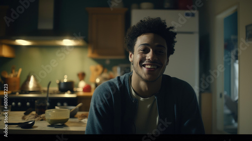 Young african american man smiling while having breakfast in the kitchen at home