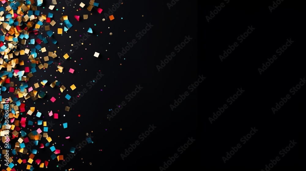 confetti on a black background with space for text.