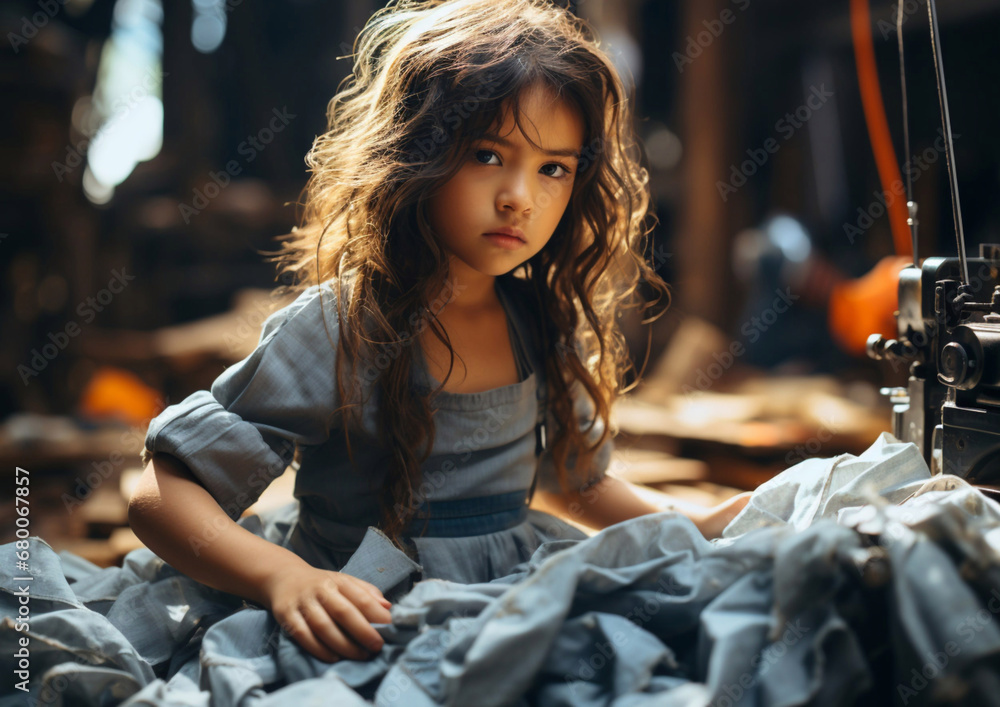 Φωτογραφία Little tired girl sewing clothes in bad working conditions in old dirty factory,child labor discriminnation