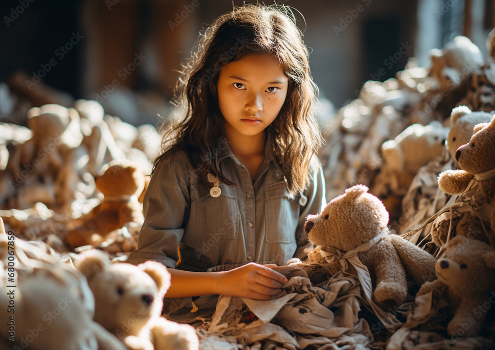 Φωτογραφία Little tired girl sewing teddy bear toys in bad working conditions in old dirty factory,child labor discriminnation