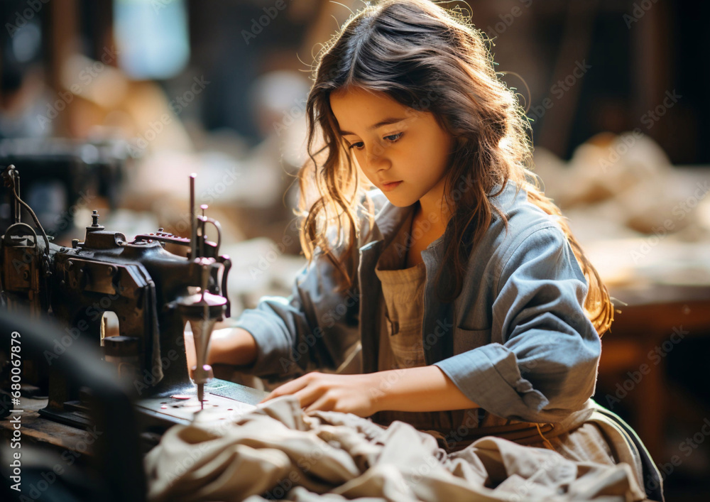 Little girl sewing clothes under bad working conditions in factory,child labor discriminnation.Macro.AI Generative. - obrazy, fototapety, plakaty 