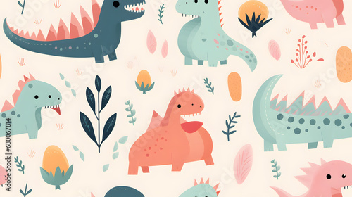 Seamless pattern of playful dinosaurs in pastel colors