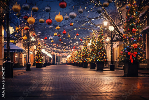 The festive atmosphere of a Christmas festival with a photo of a decorated street, featuring colorful lights, ornaments, and cheerful holiday decorations photo