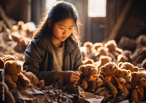 Child illegal labor discrimination,little girl sewing teddy bear toys in bad working conditions in old dirty factory.Macro.AI Generative.