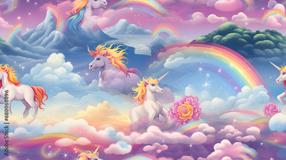Seamless pattern of rainbow unicorns in fantasy sky