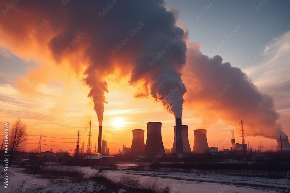 Winter sunset silhouette of power plant Smoke from burned coal pipes