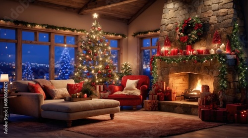 living room decorated with christmas lights  rustic naturalism  bright and vivid colors  fanciful elements  whistling  fireplace  presents  Christmas tree  Christmas presents