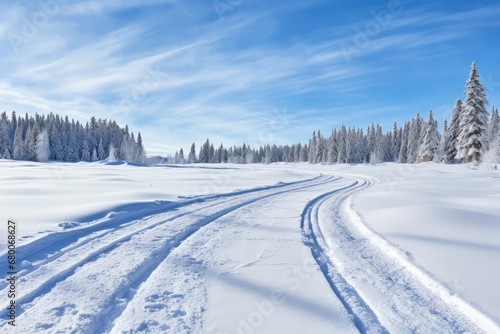 Panoramic view of wide wheel track on fresh snow