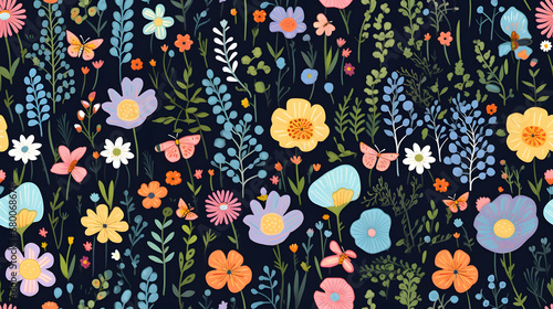 Seamless pattern of whimsical garden with flowers and butterflies