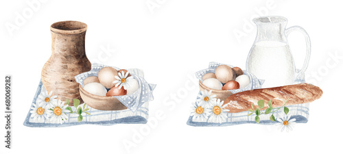 Watercolor farm illustrations of organic food. Hand painted cliparts of milk, glay jug, eggs bowl and bread photo