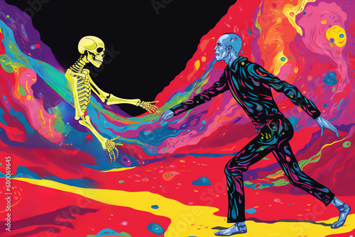 Abstract skeletal figure reaching out, symbolizing the fusion of humanity and death, computer Generative AI stock illustration image