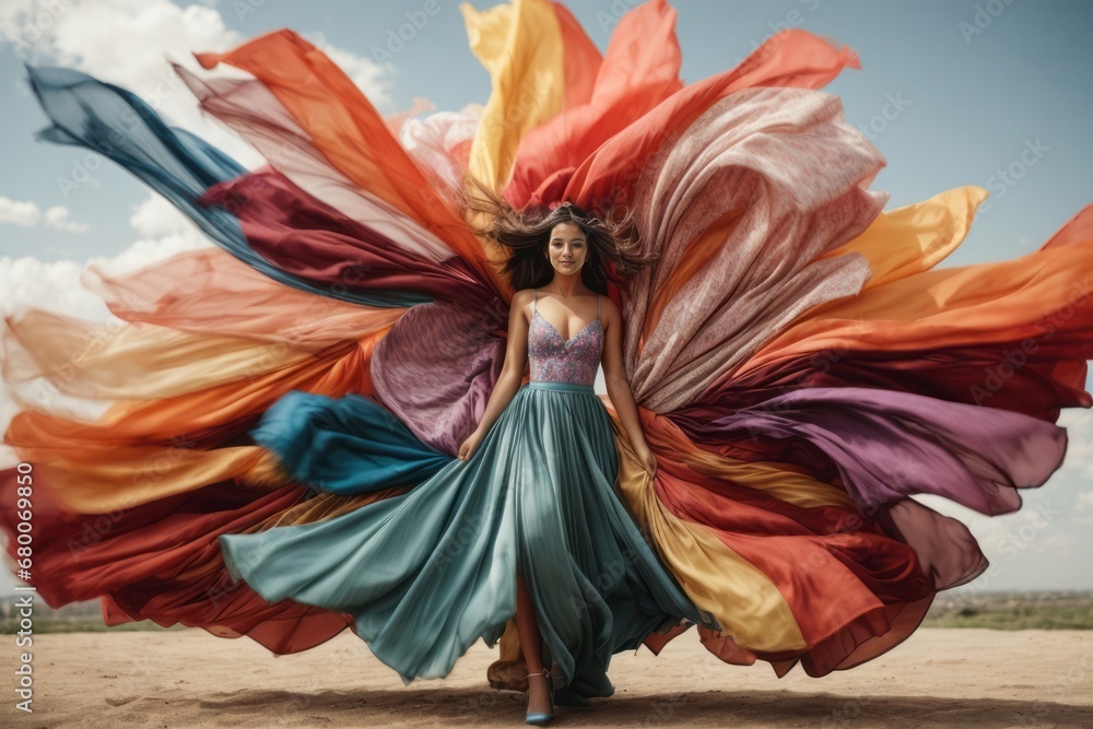 A woman in a long wind-curling multicolored dress
