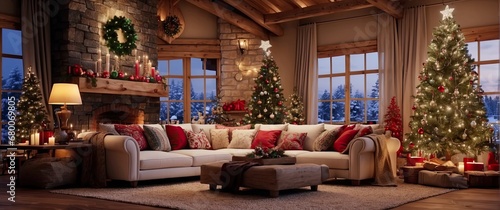 living room decorated with christmas lights  rustic naturalism  bright and vivid colors  fanciful elements  whistling  fireplace  presents  Christmas tree  Christmas presents