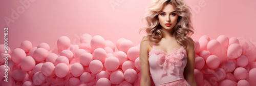 beautiful young blonde woman on a pink festive background with balloons with a copy space