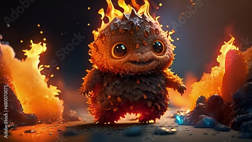 A cartoon of a baby monster on fire. Created with Generative AI.	
 photo