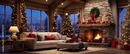 living room decorated with christmas lights, rustic naturalism, bright and vivid colors, fanciful elements, whistling, fireplace, presents, Christmas tree, Christmas presents photo