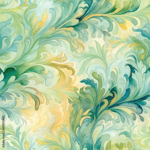 Watercolor seamless background, brocade swirls, muted colors, greens, blues and golds