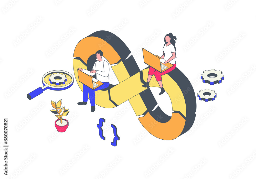 DevOps concept in 3d isometric design. Manager makes administration of development operations, programmer and engineer teams working. Illustration with isometry people scene for web graphic. DevOps concept in 3d isometric design. Manager makes administration of development operations, programmer and engineer teams working. Illustration with isometry people scene for web graphic.