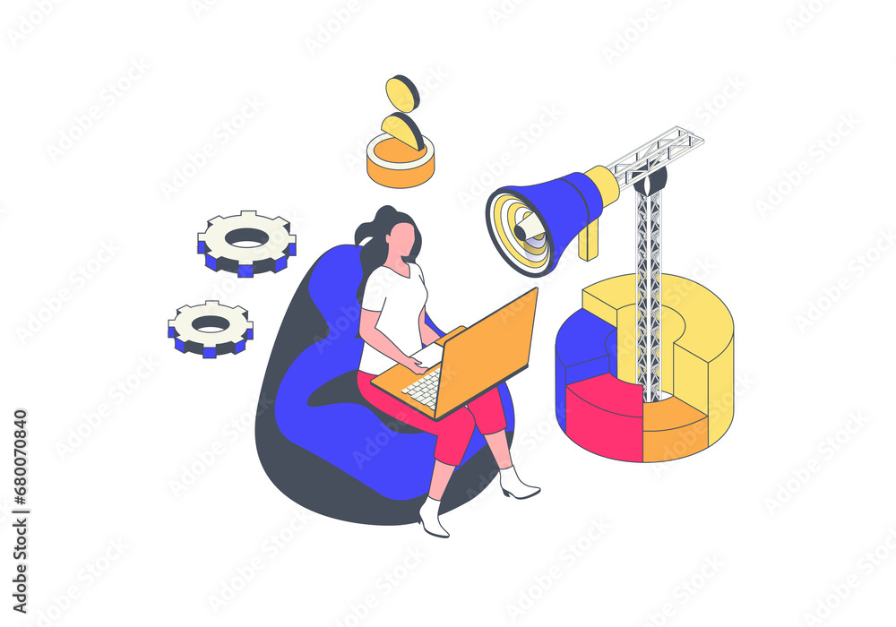Marketing concept in 3d isometric design. Woman promoting business online, making digital advertising and communicating with clients. Illustration with isometry people scene for web graphic.