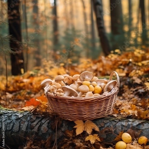 Full basket of edible boletus mushrooms in the forest. Basket of beautiful white cultivated mushrooms on a blurred forest background. Beautiful Penny Bun mushrooms in autum forest with yellow leaves.