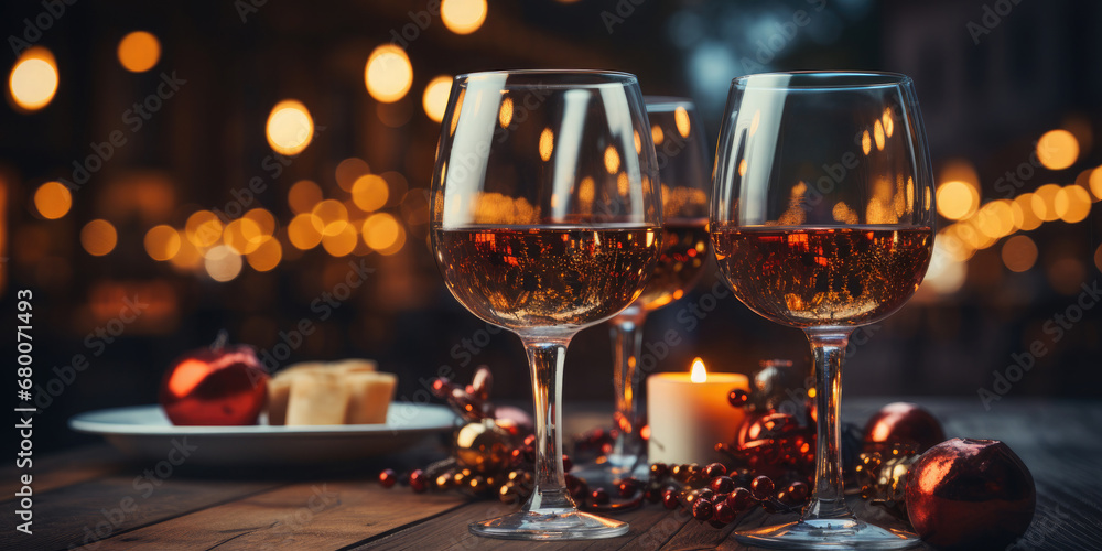 Two glasses of champagne, candles, balloons against a background of festive golden bokeh. Celebrating New Year, Christmas, Anniversary, Birthday, Holidays