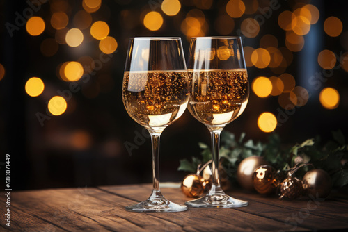 Two glasses of champagne or wine, Christmas balls on a background of Christmas bokeh. Celebrating New Year, Christmas, St. Nicholas Day or anniversary.