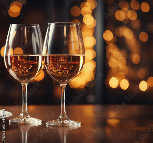 Two glasses of champagne on a festive golden bokeh background. Celebrating New Year, Christmas, Anniversary, Birthday, Holidays.Empty wooden table. Ready for product montage.