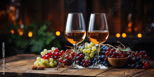 Two glasses of wine, grapes on a beautiful wooden background with golden bokeh. Banner. Copy space for text