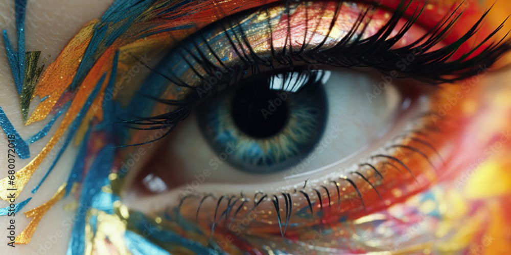 An eye with chromatic aberration close-up, in the style of a make-up tutorial