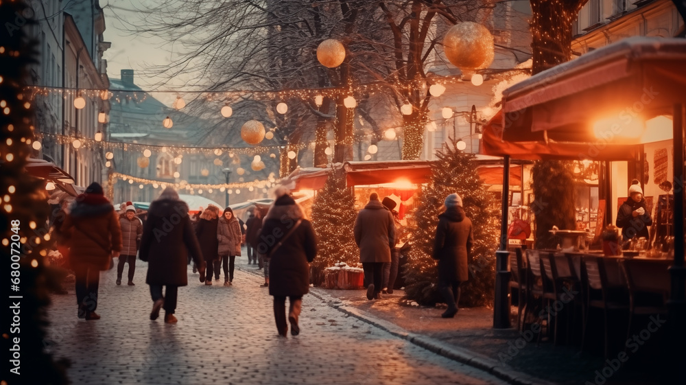 People walking in Christmas market decorated with holiday lights in the evening. Evening Christmas market at old town hall square. Generative AI