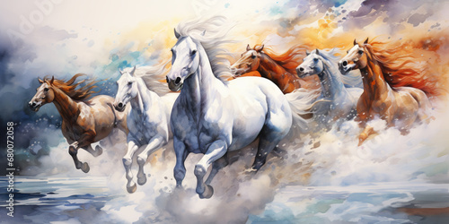 A group of galloping white and brown wild stallions, watercolor illustration. © britaseifert