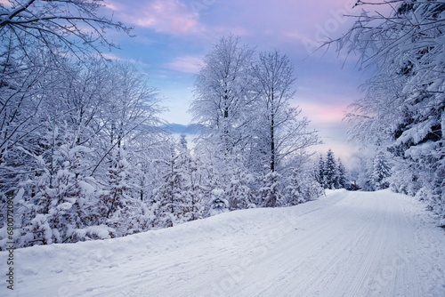 Fototapeta Naklejka Na Ścianę i Meble -  Górzysty krajobraz zimowy, biały śnieg, Beskidy