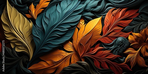 AI Generated. AI Generative. Bright color moody autumn fall floral tropical leaves in Maori style. Decorative background. Graphic Art