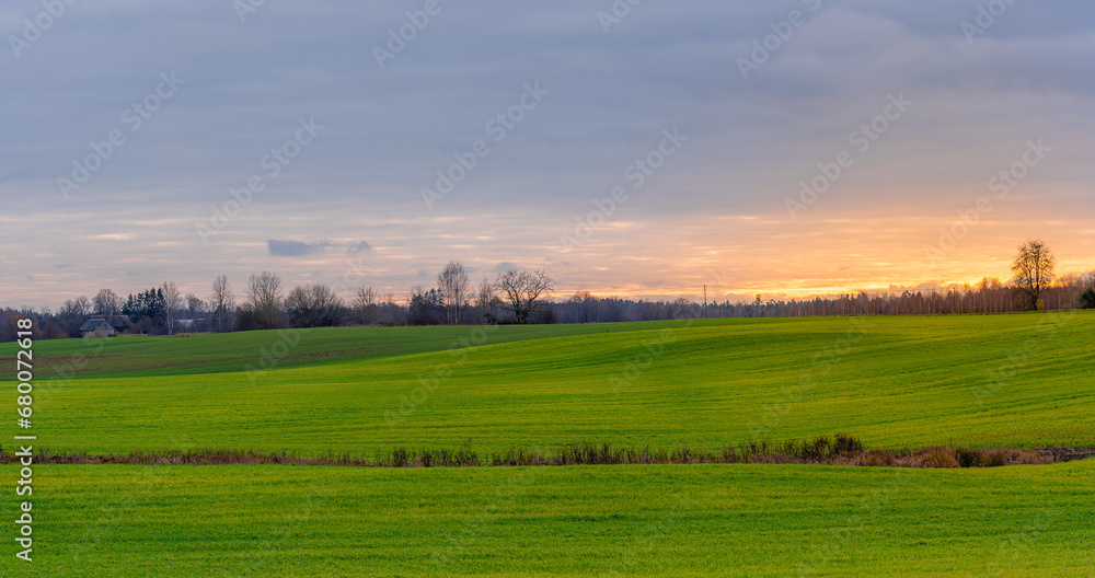 Background of green fields on sunset sky background