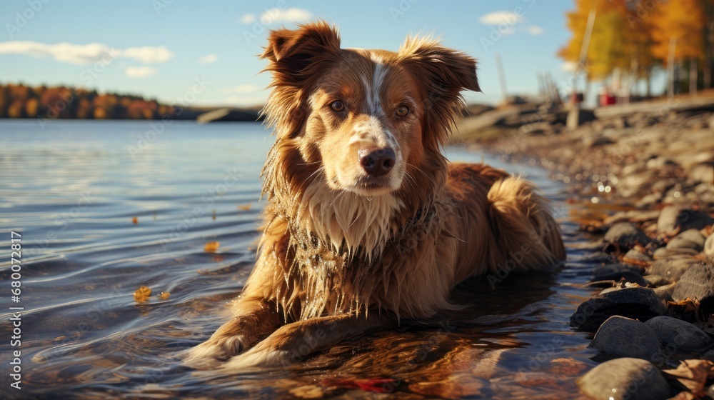A Content Mixed-Breed Dog Resting By A Lakeside , Background For Banner, HD A Content Mixed-Breed Dog Resting By A Lakeside , Background For Banner, HD